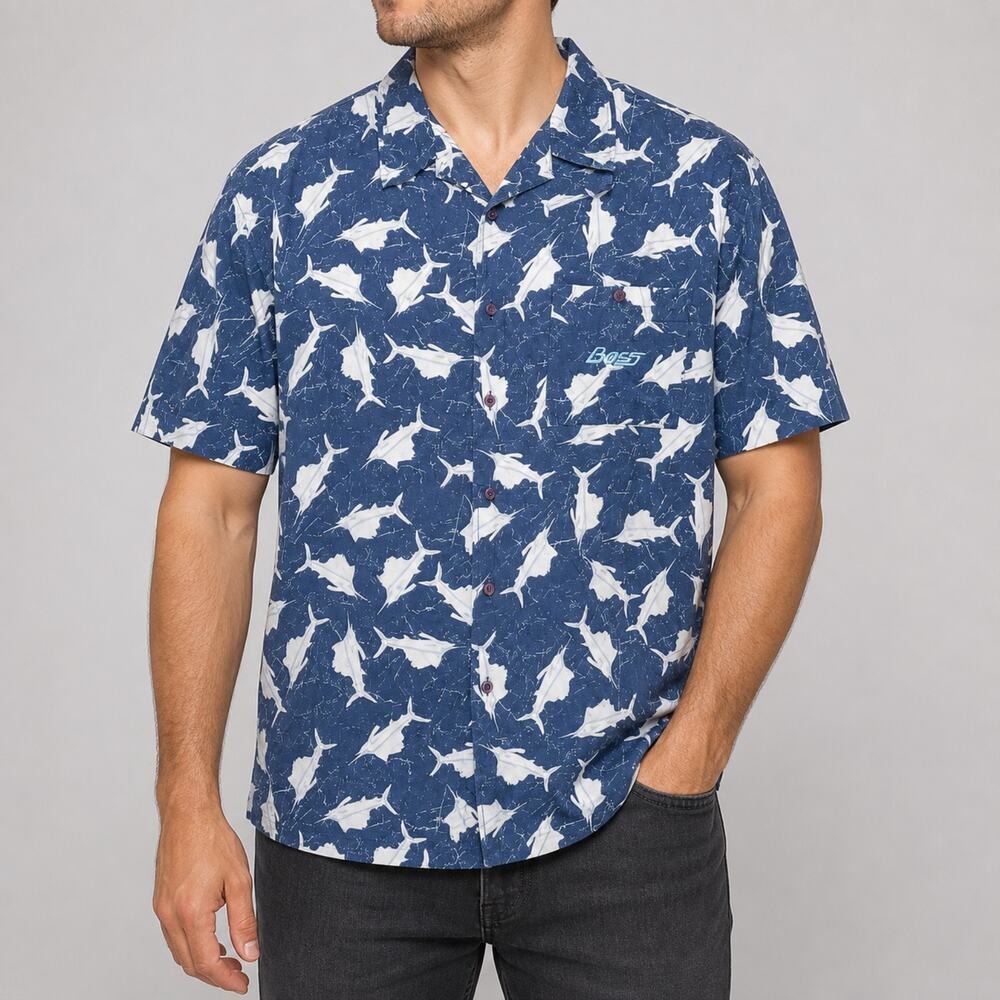 Boss by IG Design Shirt Mens 2XL Blue White Fish Marlin Button-Up